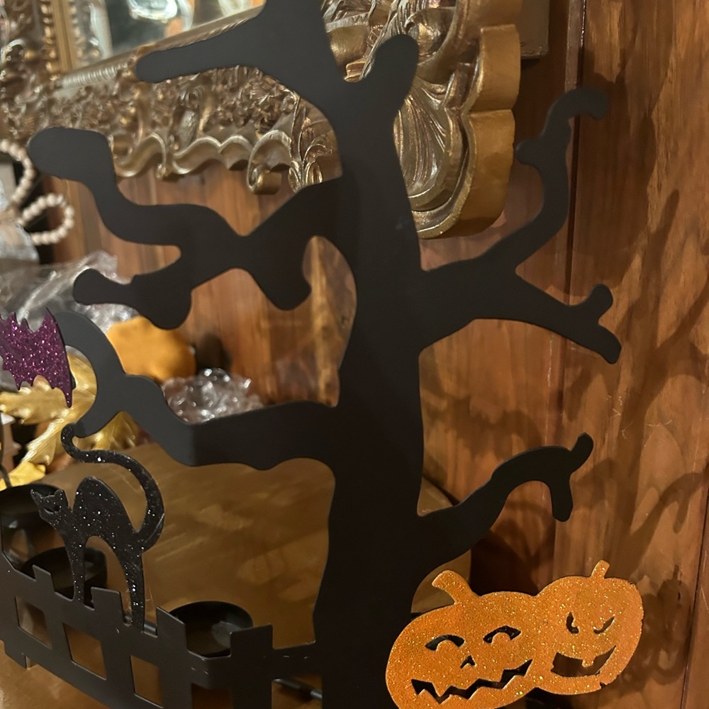Halloween metal votive holder, haunted house, ghost? Black cat, jack o lantern - Picture 2 of 6